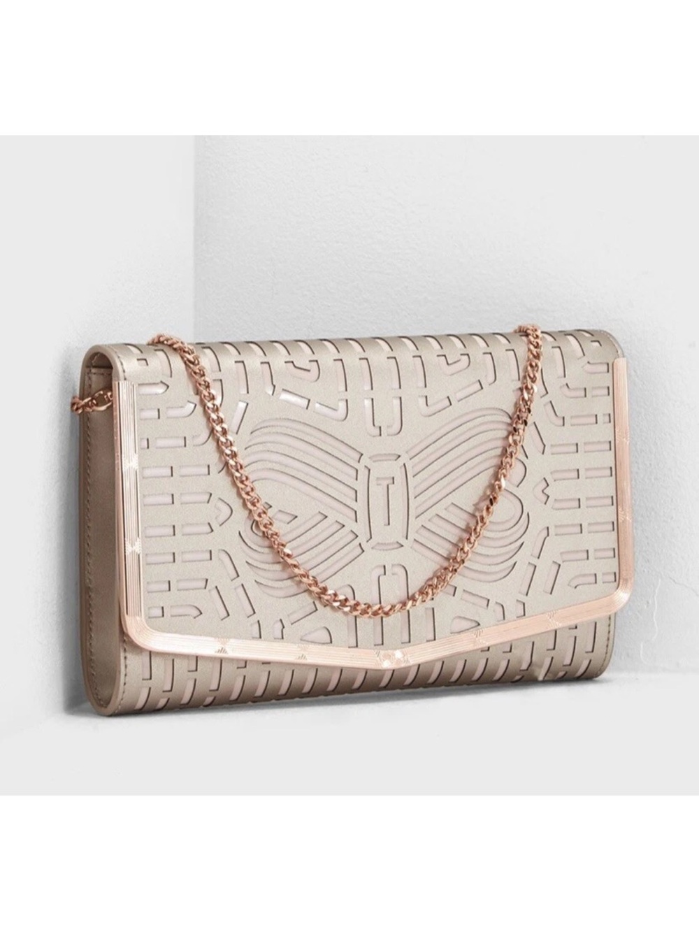 Ted Baker London pink and rose gold Laser-Cut Clutch with Rose-Gold Chain